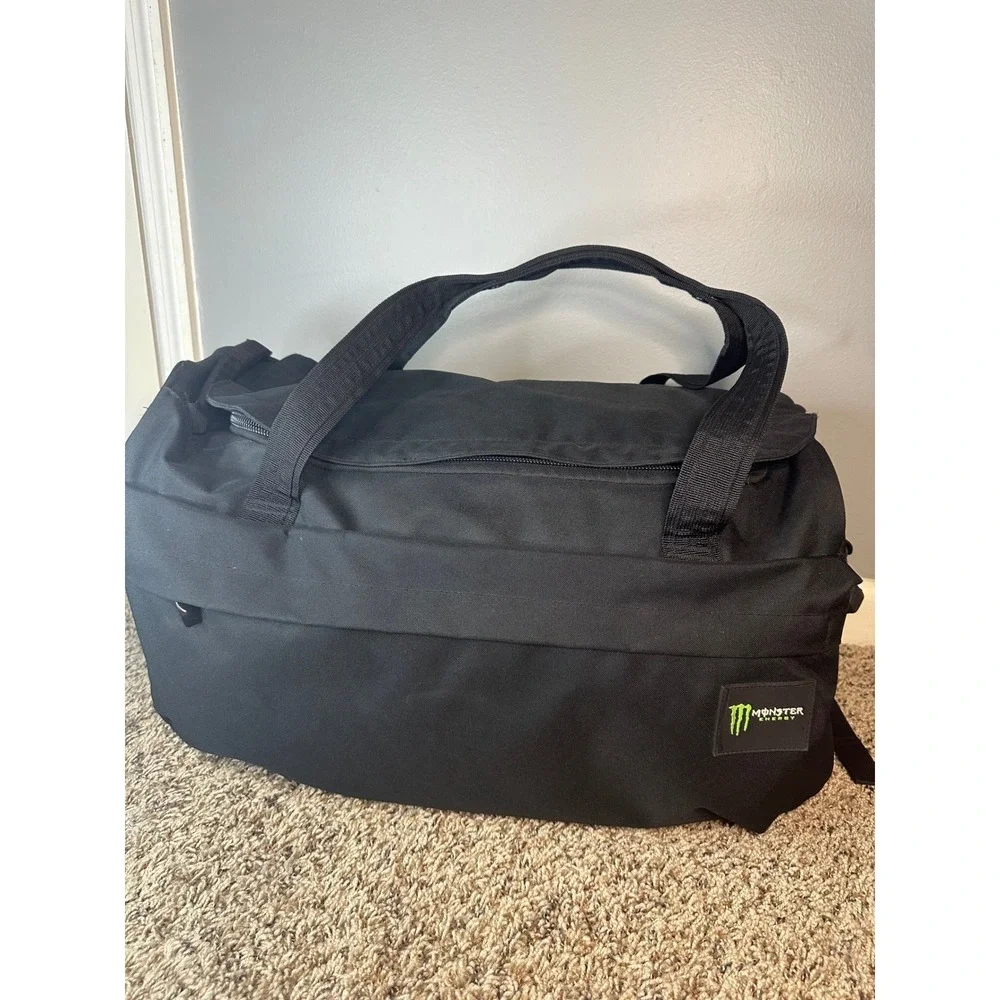 Monster Energy Black Canvas Duffel Bag Pinstripe Lining Gym Travel Gear likenew!